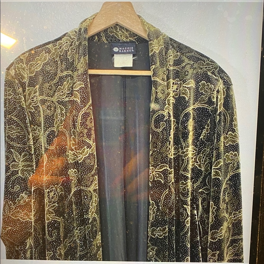 Maggie Barnes Faux Velvet Sparkling Black & Gold Floral Open Cardigan EUC Size3X